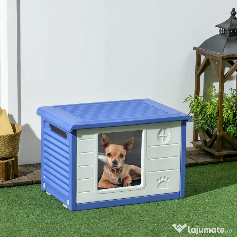 PawHut Cușcă Ridicată pentru Câini de Talie Mică cu Intrare și 2 Deschideri Laterale, Cușcă de Exterior Antiderapantă din Polietilenă, Ușor de Curățat, 60x42x40 cm, Albastru și Alb | Aosom Romania