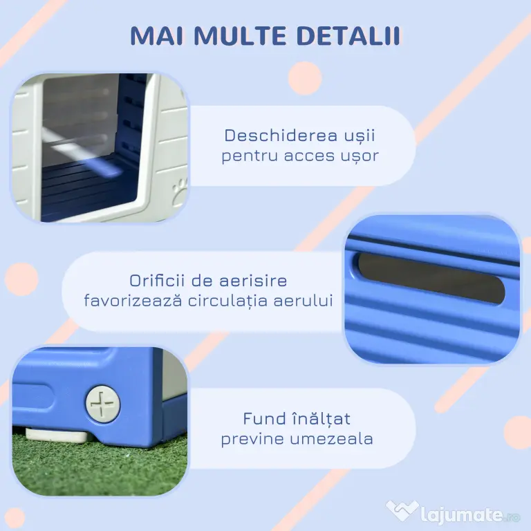 PawHut Cușcă Ridicată pentru Câini de Talie Mică cu Intrare și 2 Deschideri Laterale, Cușcă de Exterior Antiderapantă din Polietilenă, Ușor de Curățat, 60x42x40 cm, Albastru și Alb | Aosom Romania
