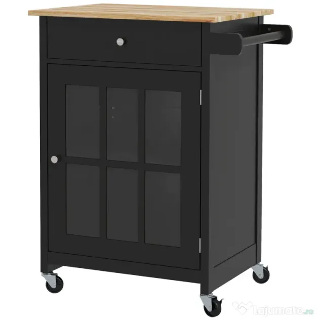 HOMCOM Cărucior de Bucătărie cu Sertar, Raft Reglabil, 4 Roți și Suport Lateral pentru Prosop, 67x48x86,5 cm, Negru | Aosom Romania