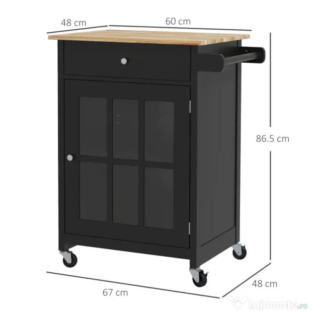 HOMCOM Cărucior de Bucătărie cu Sertar, Raft Reglabil, 4 Roți și Suport Lateral pentru Prosop, 67x48x86,5 cm, Negru | Aosom Romania