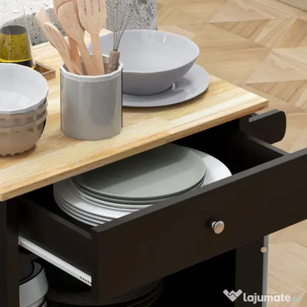 HOMCOM Cărucior de Bucătărie cu Sertar, Raft Reglabil, 4 Roți și Suport Lateral pentru Prosop, 67x48x86,5 cm, Negru | Aosom Romania