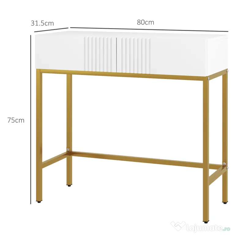 HOMCOM Masă Consolă cu 2 Sertare, Masă Modernă de Intrare cu Bază din Oțel în Ton Auriu, 80x31.5x75 cm, Alb | Aosom Romania