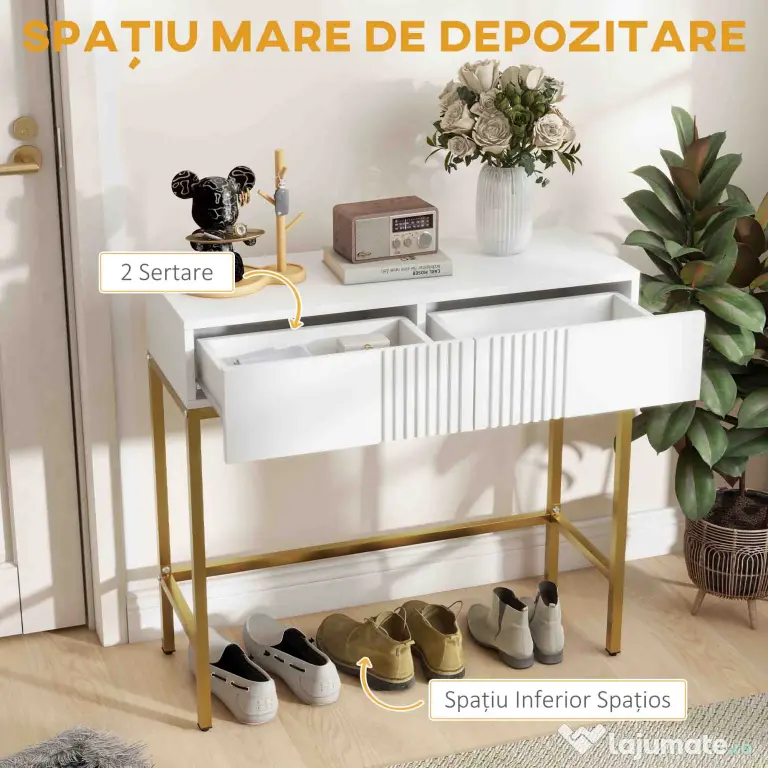 HOMCOM Masă Consolă cu 2 Sertare, Masă Modernă de Intrare cu Bază din Oțel în Ton Auriu, 80x31.5x75 cm, Alb | Aosom Romania