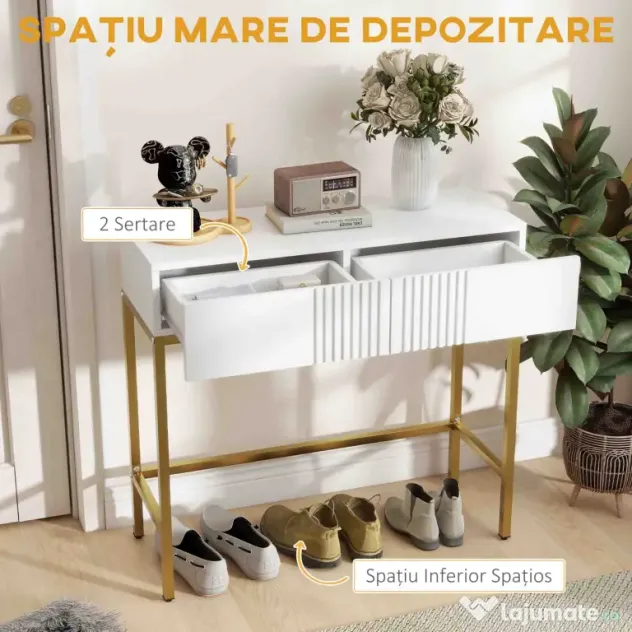 HOMCOM Masă Consolă cu 2 Sertare, Masă Modernă de Intrare cu Bază din Oțel în Ton Auriu, 80x31.5x75 cm, Alb | Aosom Romania