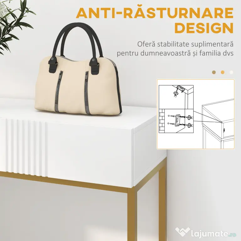 HOMCOM Masă Consolă cu 2 Sertare, Masă Modernă de Intrare cu Bază din Oțel în Ton Auriu, 80x31.5x75 cm, Alb | Aosom Romania