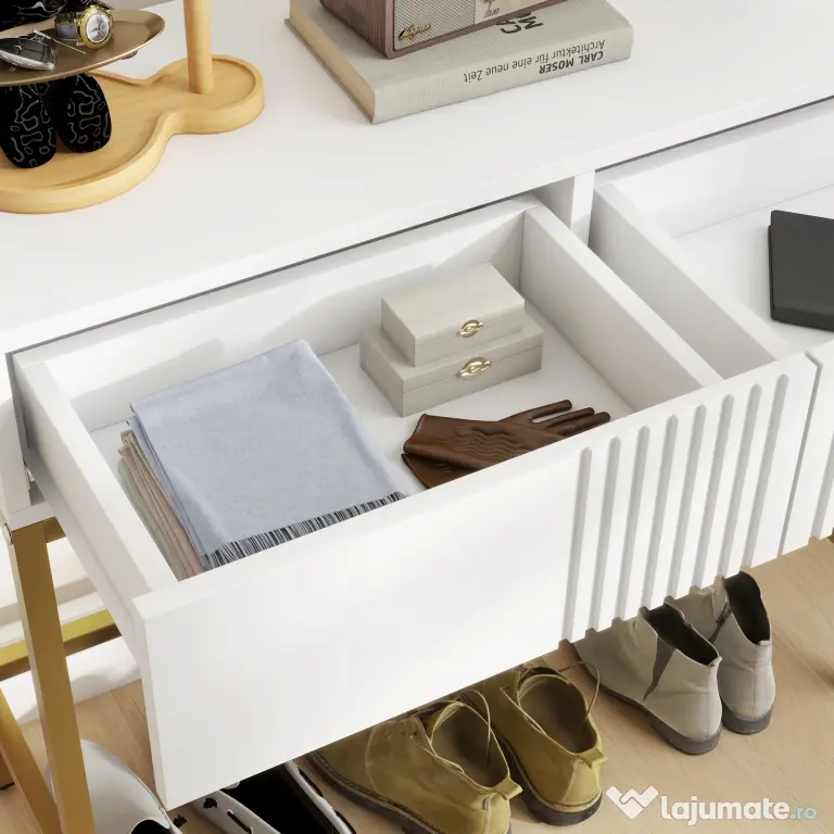 HOMCOM Masă Consolă cu 2 Sertare, Masă Modernă de Intrare cu Bază din Oțel în Ton Auriu, 80x31.5x75 cm, Alb | Aosom Romania