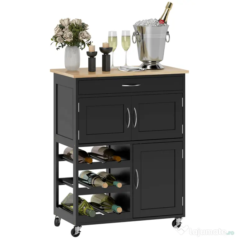 HOMCOM Cărucior de Bucătărie cu Suport pentru Sticle, 3 Uși, 4 Roți și Sertar, Dulapior de Bucătărie, 67x37x87 cm, Negru | Aosom Romania