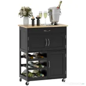 HOMCOM Cărucior de Bucătărie cu Suport pentru Sticle, 3 Uși, 4 Roți și Sertar, Dulapior de Bucătărie, 67x37x87 cm, Negru | Aosom Romania