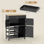 HOMCOM Cărucior de Bucătărie cu Suport pentru Sticle, 3 Uși, 4 Roți și Sertar, Dulapior de Bucătărie, 67x37x87 cm, Negru | Aosom Romania