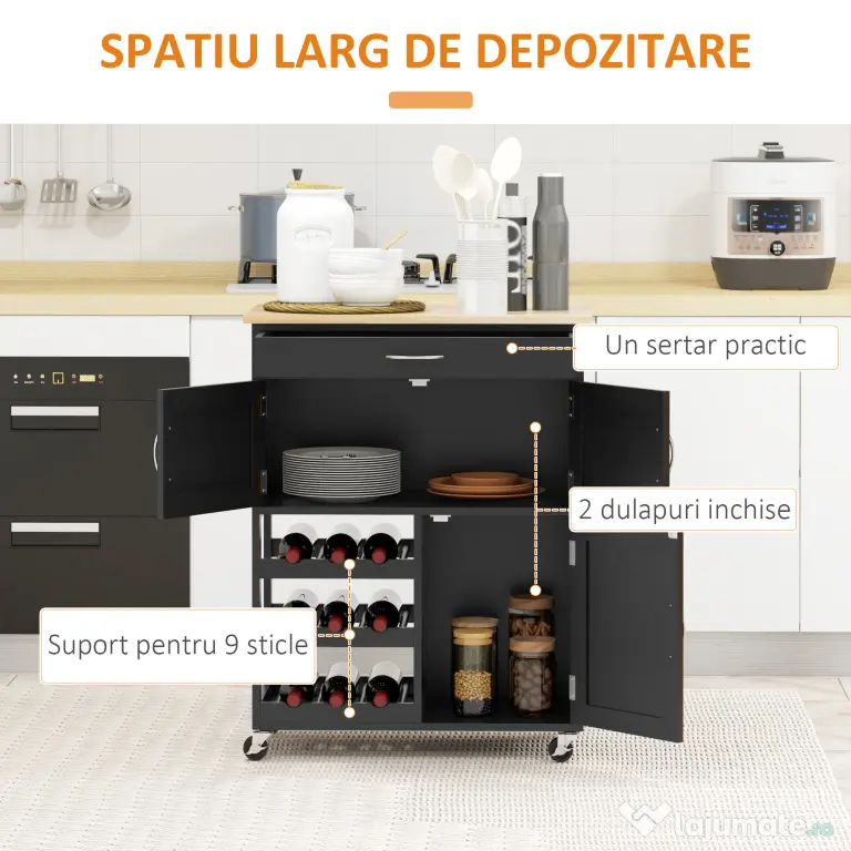 HOMCOM Cărucior de Bucătărie cu Suport pentru Sticle, 3 Uși, 4 Roți și Sertar, Dulapior de Bucătărie, 67x37x87 cm, Negru | Aosom Romania