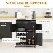 HOMCOM Cărucior de Bucătărie cu Suport pentru Sticle, 3 Uși, 4 Roți și Sertar, Dulapior de Bucătărie, 67x37x87 cm, Negru | Aosom Romania
