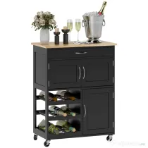 HOMCOM Carucior de Bucătărie din Lemn cu Suport pentru Sticle, 3 Uși și Sertar, 67x37x87 cm, Negru și Stejar