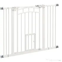 PawHut Uşa de Siguranţă pentru Câini, Barieră pentru Animale de Companie cu Ușă Mică pentru Pisici, 74-100x76 cm, Alb | Aosom Romania