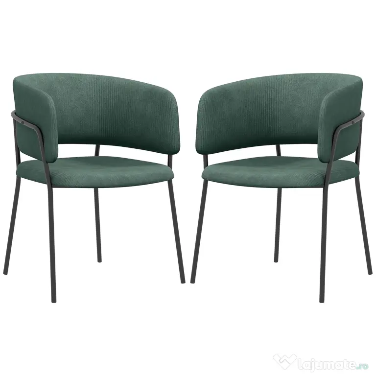 HOMCOM Set de Scaune, Scaune de Bucătărie Tapițate Moderne din Catifea cu Spate, Cotieră și Picioare Metalice, 57x53x73 cm, Verde