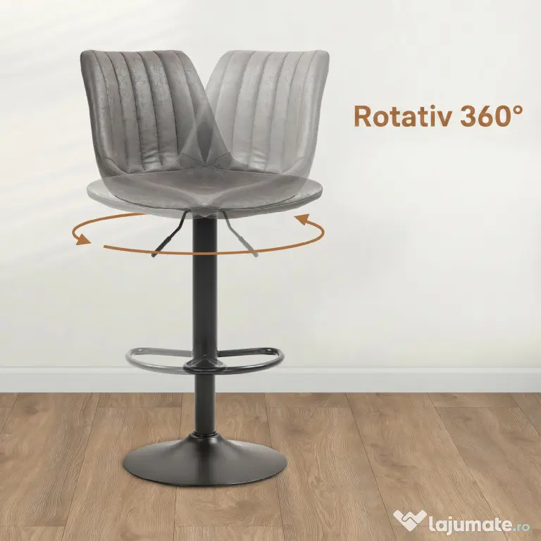 HOMCOM Set 2 Scaune de Bar Industriale, Scaune de Bucătărie cu Spătar, Înălțime Reglabilă, Gri Închis | Aosom Romania