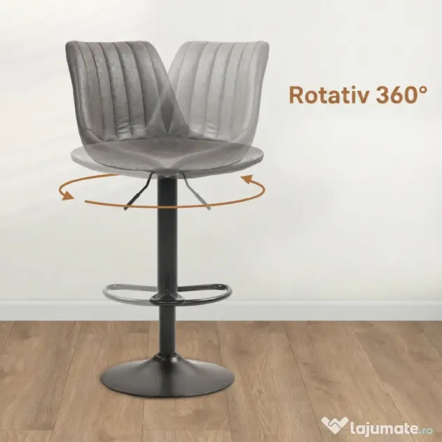 HOMCOM Set 2 Scaune de Bar Industriale, Scaune de Bucătărie cu Spătar, Înălțime Reglabilă, Gri Închis | Aosom Romania
