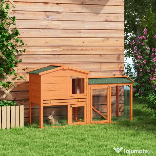 PawHut Cușcă pentru Iepuri cu 2 Nivele, Cușcă pentru Animale de Companie pentru Exterior, 150x45x85 cm, Portocaliu