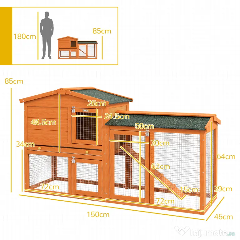 PawHut Cușcă pentru Iepuri cu 2 Nivele, Cușcă pentru Animale de Companie pentru Exterior, 150x45x85 cm, Portocaliu
