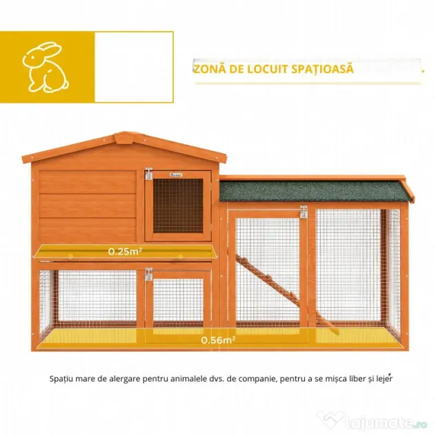 PawHut Cușcă pentru Iepuri cu 2 Nivele, Cușcă pentru Animale de Companie pentru Exterior, 150x45x85 cm, Portocaliu