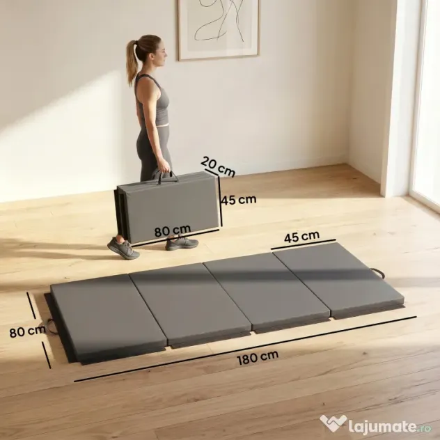 HOMCOM Covoraș de Gimnastică Pliabil și Antiderapant 180x80x5 cm Gri | Aosom Romania