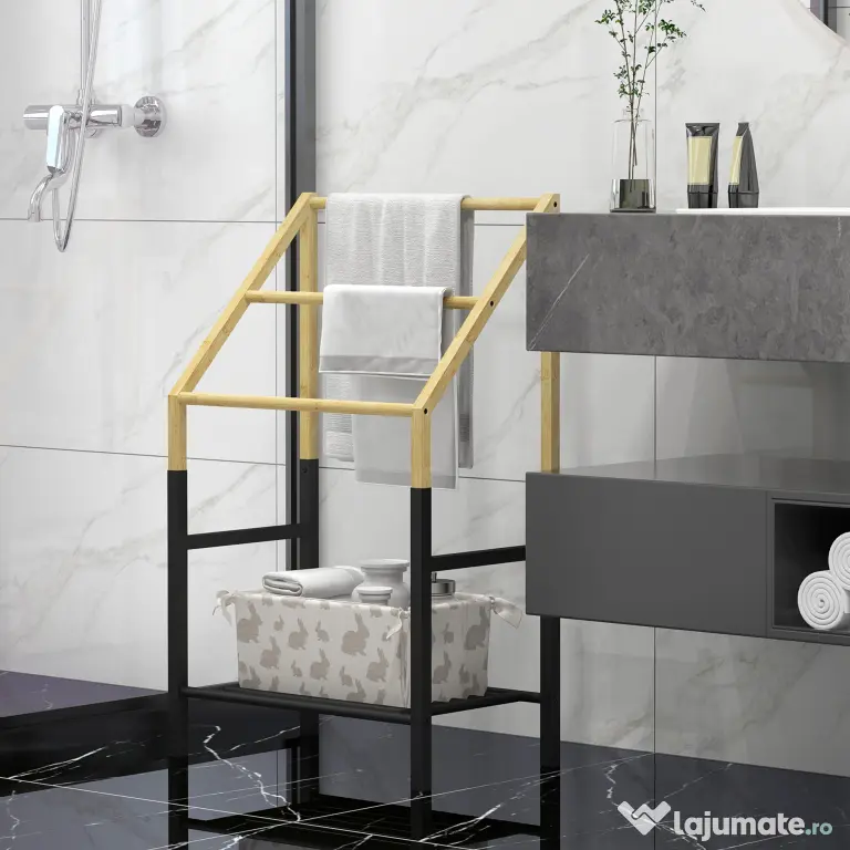 Homcom Suport Prosoape Podea – Negru, cu 3 Bare & Raft Inferior