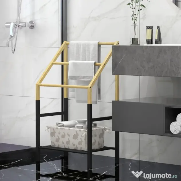 Homcom Suport Prosoape Podea – Negru, cu 3 Bare & Raft Inferior