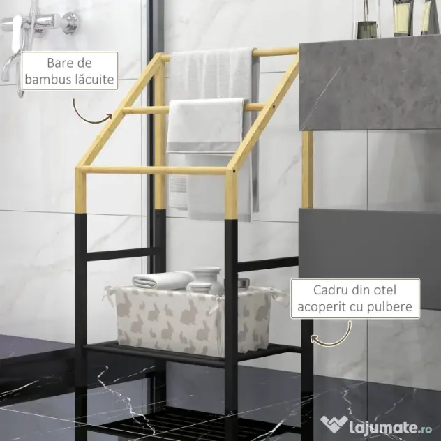 Homcom Suport Prosoape Podea – Negru, cu 3 Bare & Raft Inferior