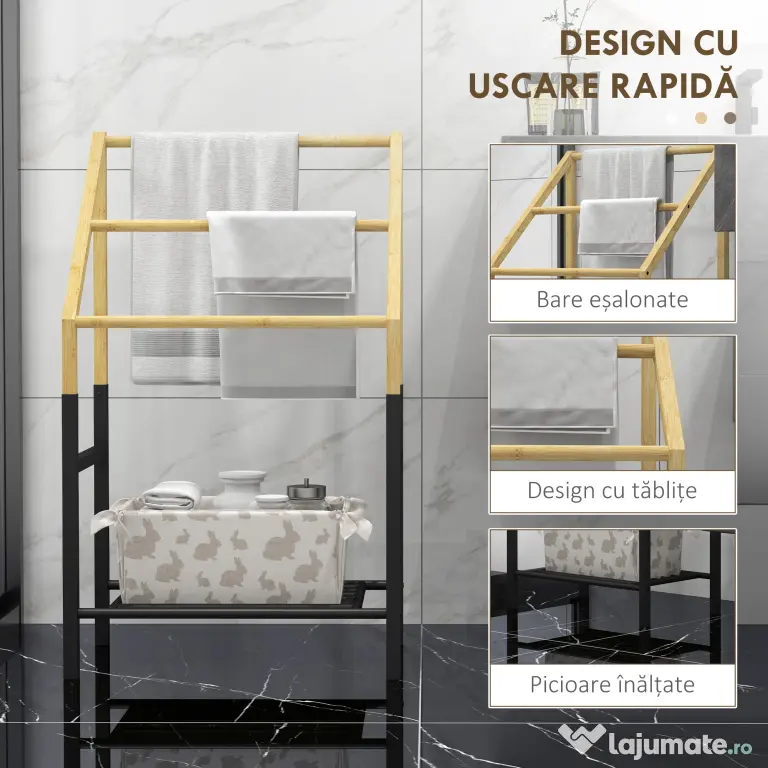 Homcom Suport Prosoape Podea – Negru, cu 3 Bare & Raft Inferior