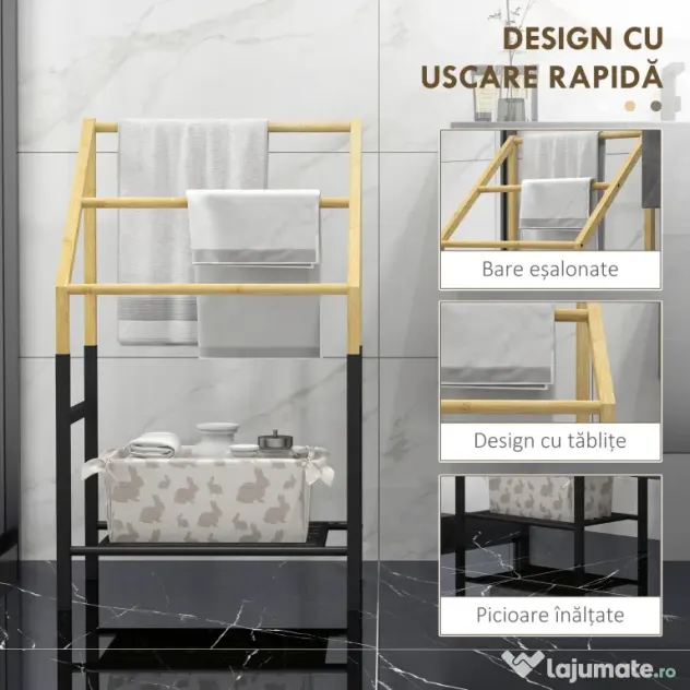 Homcom Suport Prosoape Podea – Negru, cu 3 Bare & Raft Inferior