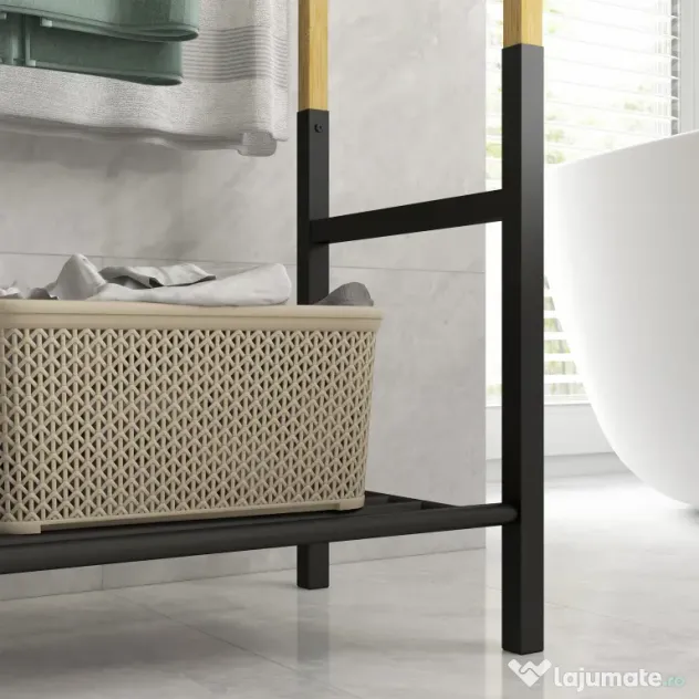 Homcom Suport Prosoape Podea – Negru, cu 3 Bare & Raft Inferior