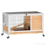 PawHut Cușcă pentru Iepuri din Lemn cu 4 Roți, Căsuță pentru Iepuri și Rampă, 90x53x59cm, Galben