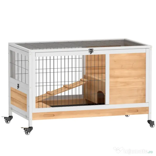 PawHut Cușcă pentru Iepuri și Porcușori de Guineea din Lemn cu 4 Roți și Rampă, 90x53x59 cm, Galben | Aosom Romania