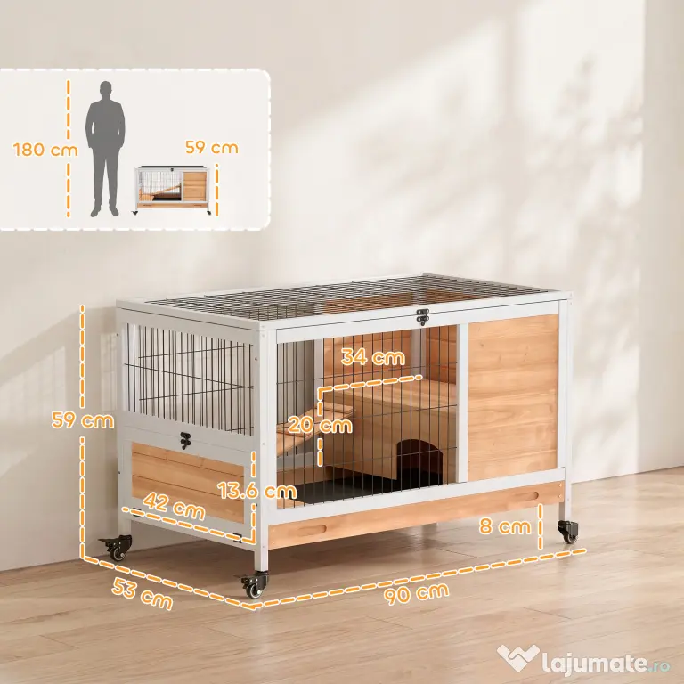 PawHut Cușcă pentru Iepuri și Porcușori de Guineea din Lemn cu 4 Roți și Rampă, 90x53x59 cm, Galben | Aosom Romania