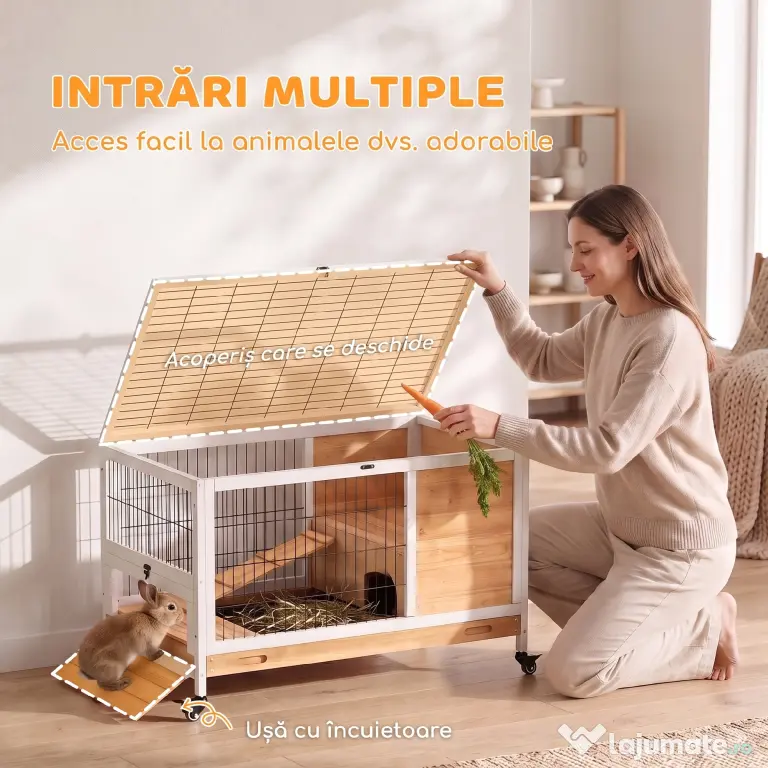 PawHut Cușcă pentru Iepuri și Porcușori de Guineea din Lemn cu 4 Roți și Rampă, 90x53x59 cm, Galben | Aosom Romania