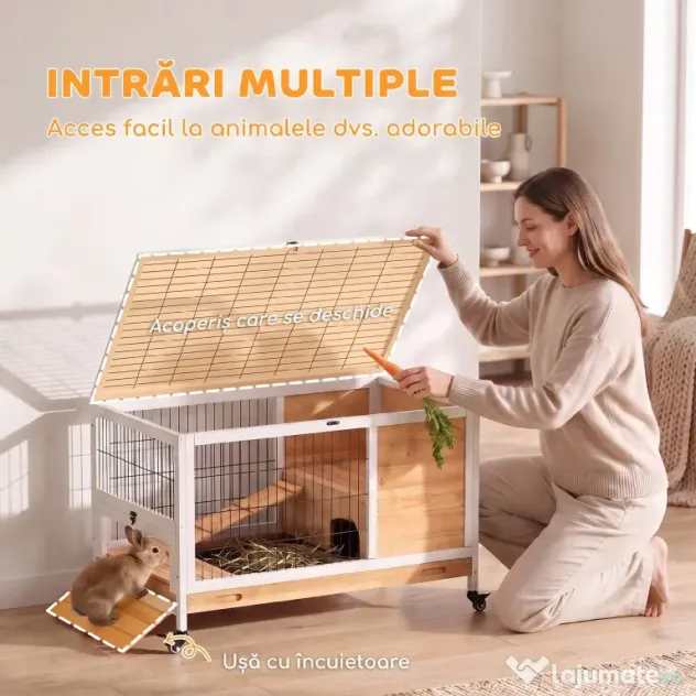 PawHut Cușcă pentru Iepuri și Porcușori de Guineea din Lemn cu 4 Roți și Rampă, 90x53x59 cm, Galben | Aosom Romania