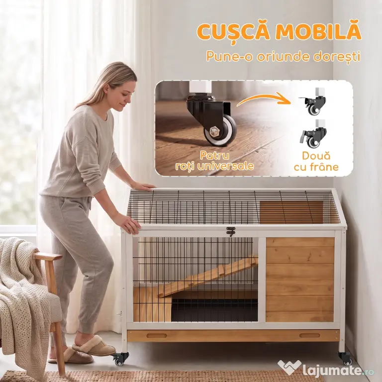 PawHut Cușcă pentru Iepuri și Porcușori de Guineea din Lemn cu 4 Roți și Rampă, 90x53x59 cm, Galben | Aosom Romania