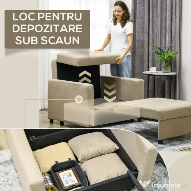 HOMCOM Fotoliu Pat Individual cu 2 Perne și Spațiu de Depozitare, Canapea Extensibilă, 100x98x88 cm, Maro Deschis | Aosom Romania