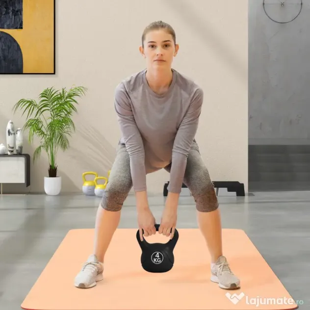 HOMCOM Kettlebell de 4kg pentru Sport și Fitness cu Bază Plată și Mâner, Greutate Kettlebell, 18x12x20 cm, Negru | Aosom Romania