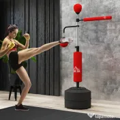 HOMCOM Sac de Box de Podea 4 în 1 cu 2 Speedball-uri, Bară Rotativă și Sac, Înălțime Reglabilă 160-230 cm, Roșu 