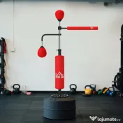 HOMCOM Sac de Box de Podea 4 în 1 cu 2 Speedball-uri, Bară Rotativă și Sac, Înălțime Reglabilă 160-230 cm, Roșu 