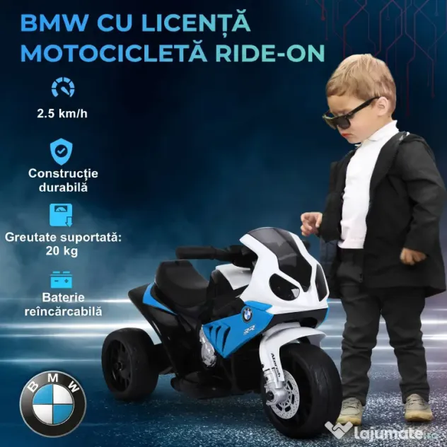 HOMCOM Motocicletă Electrică pentru Copii 18-36 Luni cu Licență BMW, 6V, 3 Roți, Faruri, Muzică, 2,5 km/h, Max 20kg, Albastru | Aosom Romania