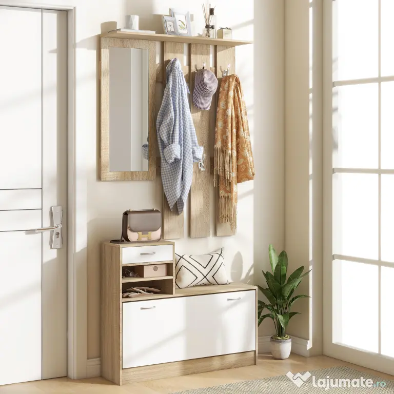 HOMCOM Set de Mobilier pentru Hol cu Raft pentru Pantofi, Oglindă și 2 rafturi Reglabile, 90x24x177 cm, Lemn Natural | Aosom Romania