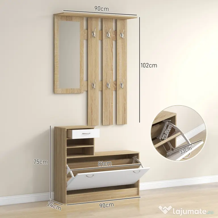 HOMCOM Set de Mobilier pentru Hol cu Raft pentru Pantofi, Oglindă și 2 rafturi Reglabile, 90x24x177 cm, Lemn Natural | Aosom Romania