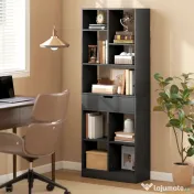 HOMCOM Bibliotecă Modernă din Lemn cu Sertar Central și Kit Anti-răsturnare, 60x26x158 cm, Negru