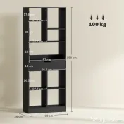HOMCOM Bibliotecă Modernă din Lemn cu Sertar Central și Kit Anti-răsturnare, 60x26x158 cm, Negru