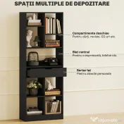HOMCOM Bibliotecă Modernă din Lemn cu Sertar Central și Kit Anti-răsturnare, 60x26x158 cm, Negru
