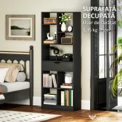 HOMCOM Bibliotecă Modernă din Lemn cu Sertar Central și Kit Anti-răsturnare, 60x26x158 cm, Negru