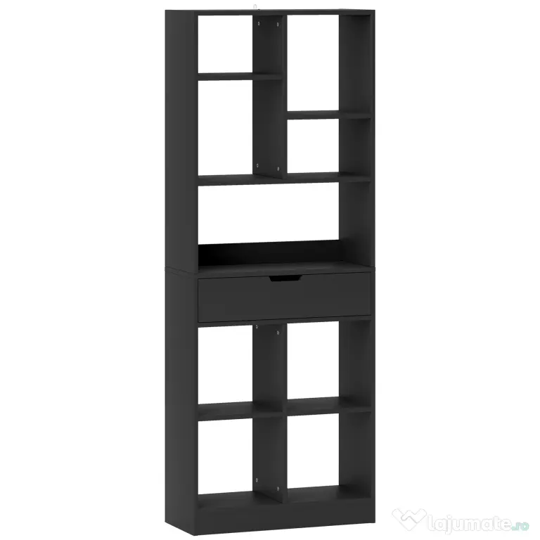 HOMCOM Bibliotecă Modernă din Lemn cu Sertar Central și Kit Antirăsturnare, 60x26x158 cm, Negru | Aosom Romania