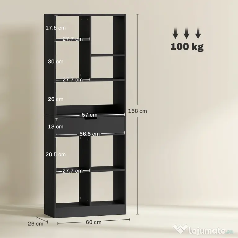 HOMCOM Bibliotecă Modernă din Lemn cu Sertar Central și Kit Antirăsturnare, 60x26x158 cm, Negru | Aosom Romania