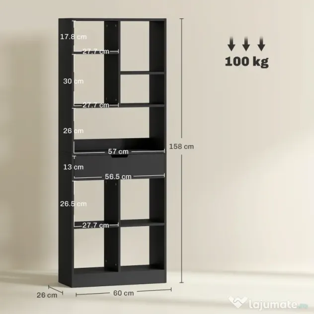 HOMCOM Bibliotecă Modernă din Lemn cu Sertar Central și Kit Antirăsturnare, 60x26x158 cm, Negru | Aosom Romania